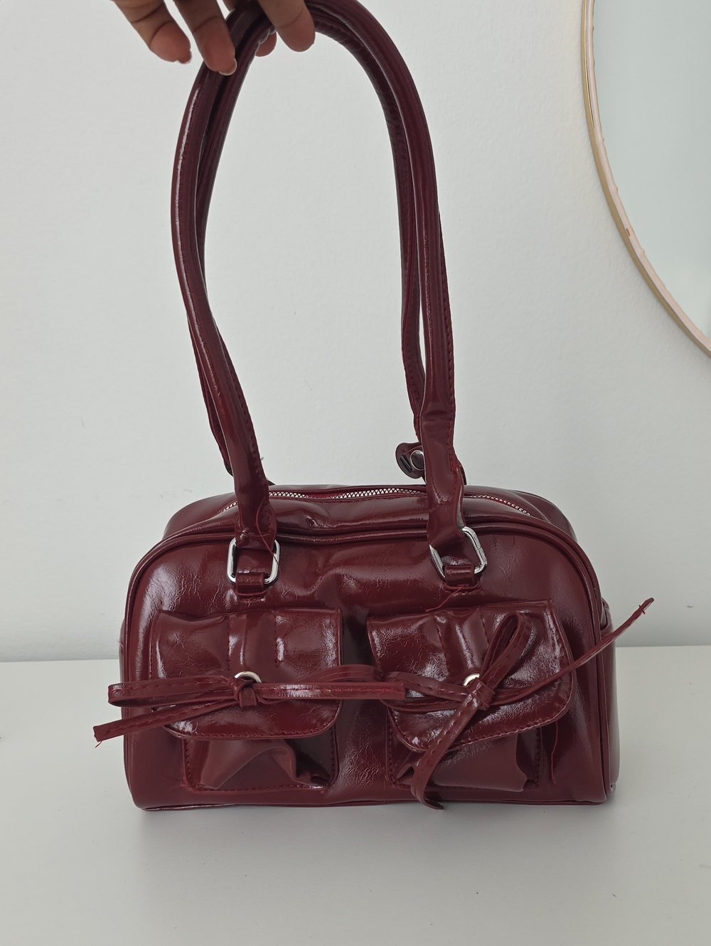Women's Burgundy Shoulder Bag - Classic Bow Pocket Satchel